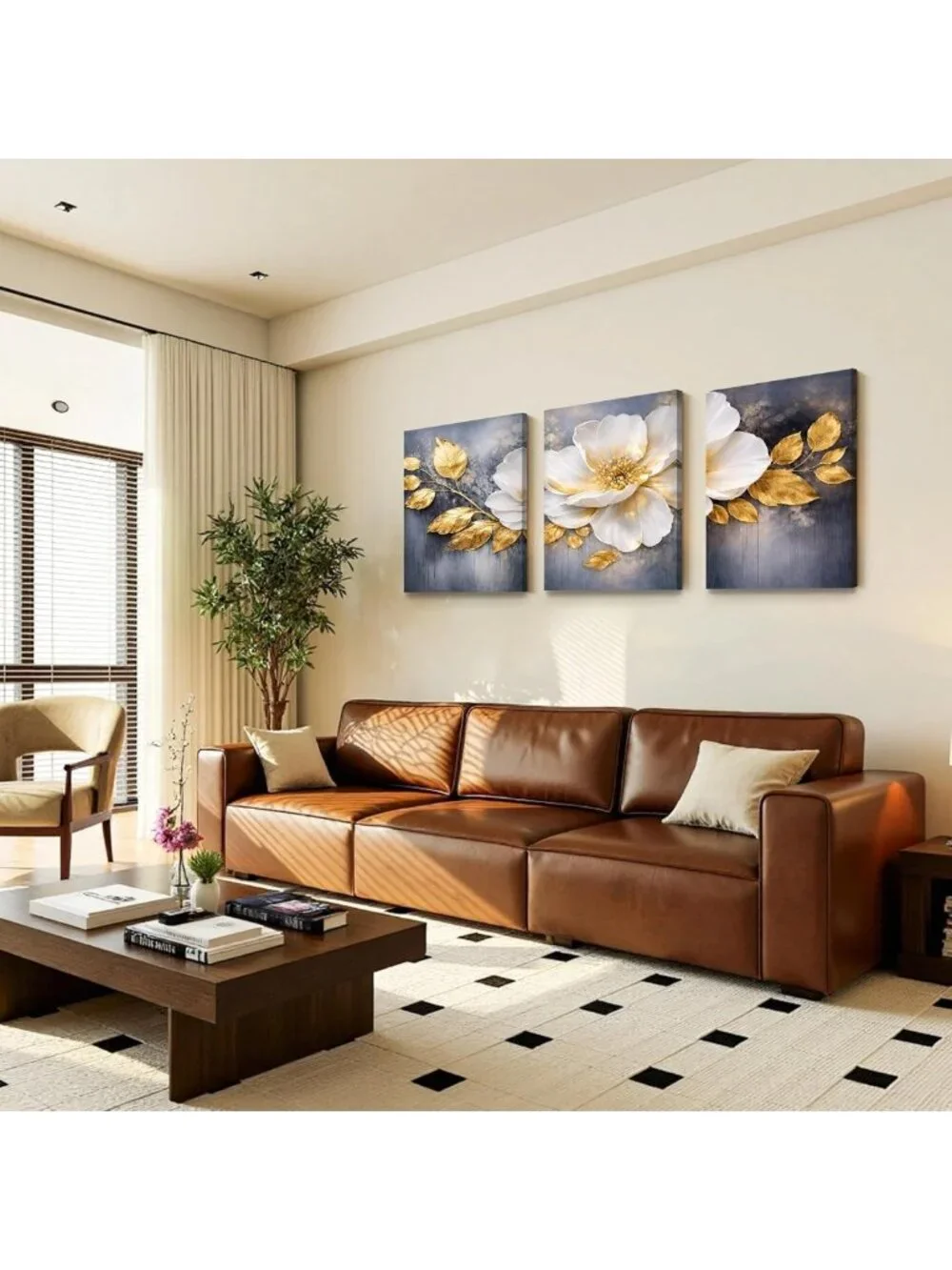 Set of 3 Gold & White Floral Canvas Prints - 16x20 Wall Art for Home Decor